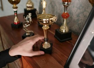 Stella Von Savage Earns Four Cammy Award Nominations A close-up of a hand reaching for a shiny trophy on a wooden shelf, symbolizing success.